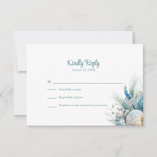 Boho Blue Floral Beach and Shell Wedding RSVP Card (正面)