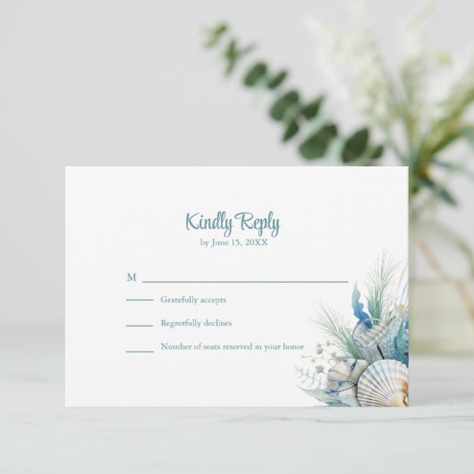 Boho Blue Floral Beach and Shell Wedding RSVP Card (スタンド正面)