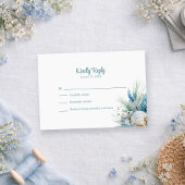 Boho Blue Floral Beach and Shell Wedding RSVP Card