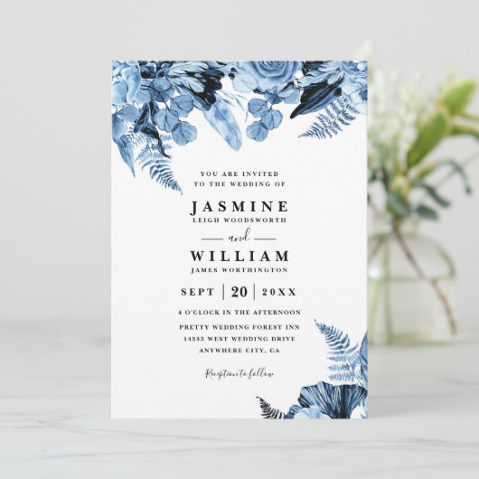 Boho Blue Floral Elegant Modern QR Code Wedding 招待状 (スタンド正面)