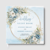 Boho Blue Flowers Greenery Gold Guest Book ゲストブック (正面)