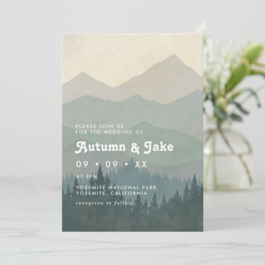 Boho Blue Forest Mountains Retro Wedding  招待状 (スタンド正面)