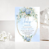 Boho Blue Hydrangea Baby Shower Gold Invitation 招待状