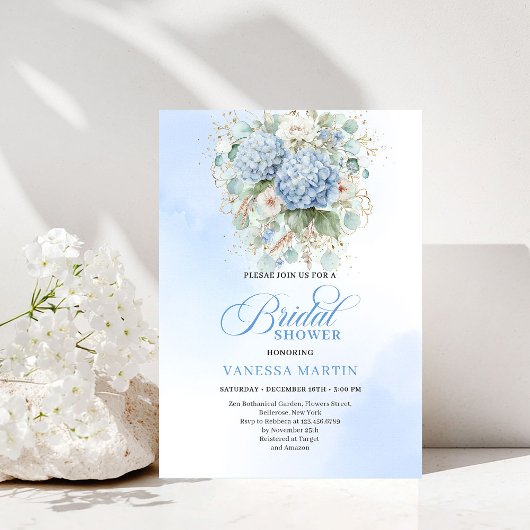 Boho Blue Hydrangea Bridal Shower Gold Invitation 招待状