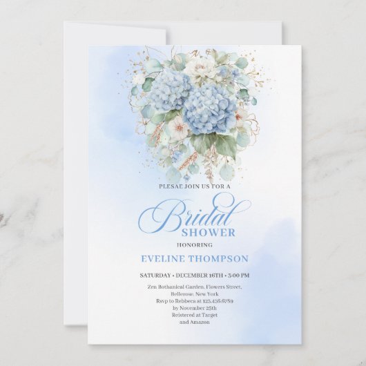 Boho Blue Hydrangea Bridal Shower Gold Invitation 招待状 (正面)