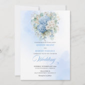 Boho Blue Hydrangea Gold Floral Wedding Invitation 招待状 (正面)