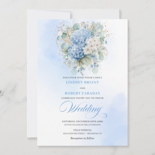 Boho Blue Hydrangea Gold Floral Wedding Invitation 招待状 (正面)