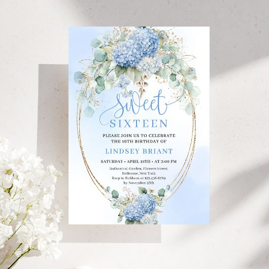 Boho Blue Hydrangea Gold Sweet Sixteen Invitation 招待状