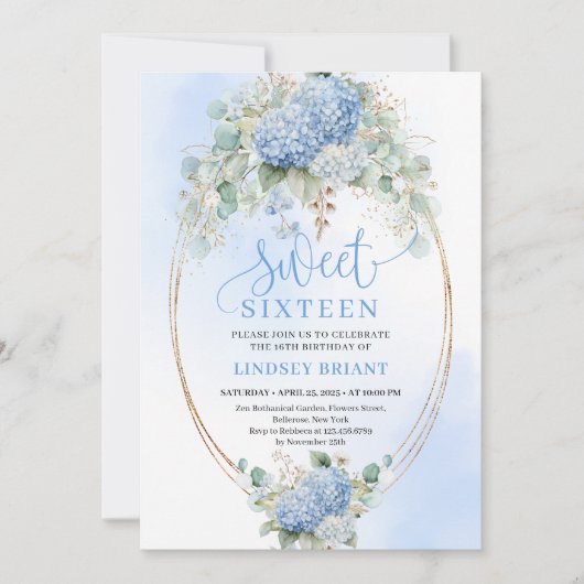 Boho Blue Hydrangea Gold Sweet Sixteen Invitation 招待状 (正面)