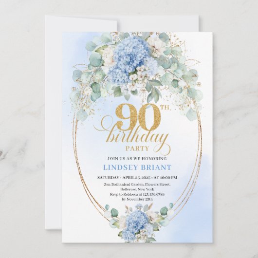 Boho Blue Hydrangea Greenery 90th Birthday Invite 招待状 (正面)