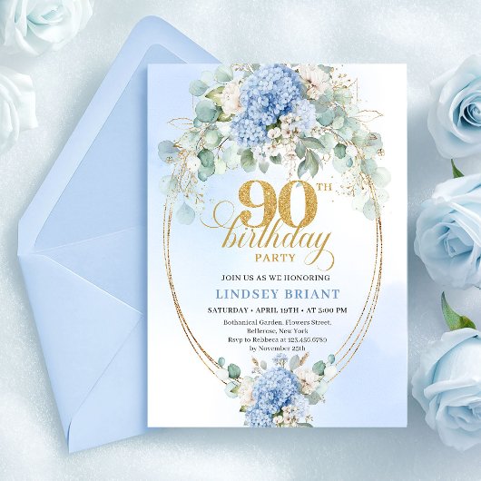Boho Blue Hydrangea Greenery 90th Birthday Invite 招待状