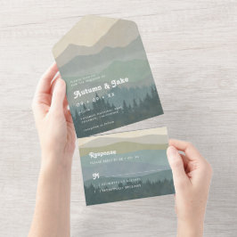 Boho Blue Mountains & Forest Wedding Retro  オールインワン招待状