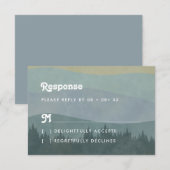 Boho Blue Mountains & Tree Retro Wedding RSVP Card (正面/裏面)