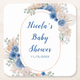 Boho Blue Pampas Grass Baby Shower スクエアペーパーコースター