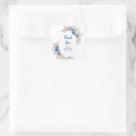 Boho Blue Pampas Grass Birthday スクエアシール (バッグ)