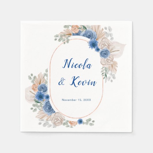 Boho Blue Pampas Grass Wedding スタンダードカクテルナプキン (正面)