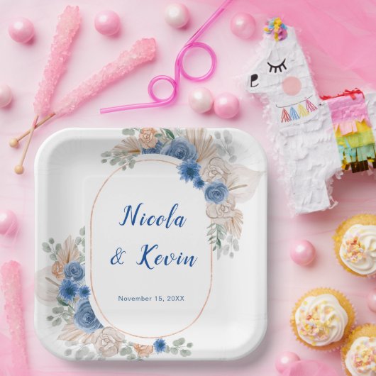 Boho Blue Pampas Grass Wedding ペーパープレート (パーティー)