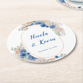 Boho Blue Pampas Grass Wedding ラウンドペーパーコースター