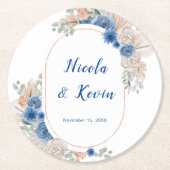 Boho Blue Pampas Grass Wedding ラウンドペーパーコースター (正面)