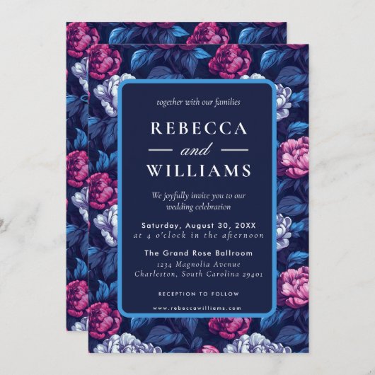Boho Blue Pink Peonies Flower Wedding 招待状 (正面/裏面)