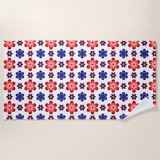 Boho Blue Purple Red Flowers Beach Towel ビーチタオル (正面)