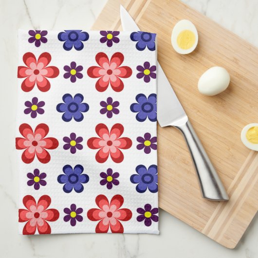 Boho Blue Purple Red Flowers Kitchen Towel キッチンタオル (四つ折り)