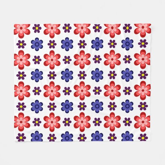 Boho Blue Purple Red Flowers Medium Fleece Blanket フリースブランケット (正面(横))