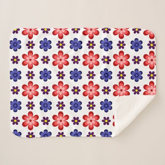 Boho Blue Purple Red Flowers Small Sherpa Blanket シェルパブランケット (正面(横))