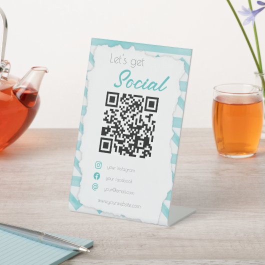 Boho blue QRコード沿岸は私のソーシャルメディアをスキャン 台座サイン (インサイチュ)