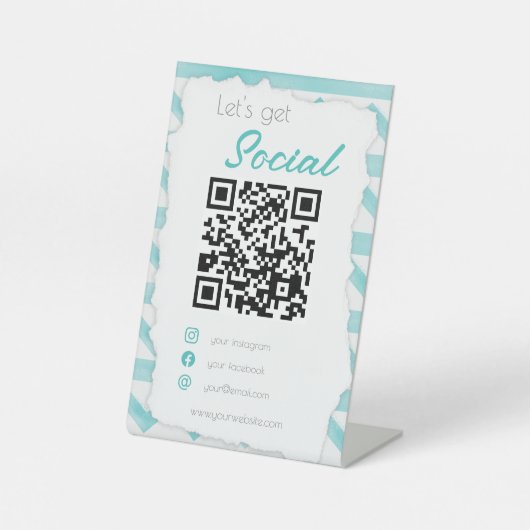 Boho blue QRコード沿岸は私のソーシャルメディアをスキャン 台座サイン (正面)