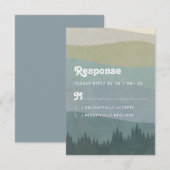 Boho Blue Retro Mountains & Trees Vertical Wedding 出欠カード (正面/裏面)