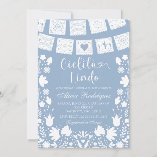 Boho Blue Talavera Mexican Baby Shower 招待状 (正面)