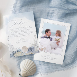 Boho Blue Watercolor Shells Beach Wedding Photo サンキューカード