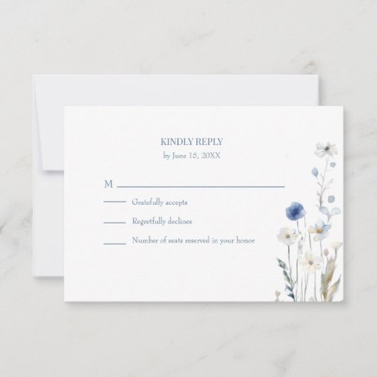 Boho Blue Watercolor Wildflowers Wedding RSVP Card (正面)