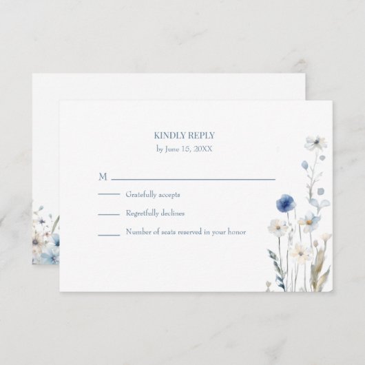 Boho Blue Watercolor Wildflowers Wedding RSVP Card (正面/裏面)
