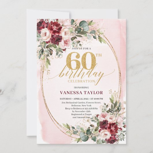Boho Blush and Gold Burgundy 60th Birthday Card 招待状 (正面)