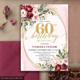 Boho Blush and Gold Burgundy 60th Birthday Card 招待状