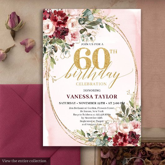 Boho Blush and Gold Burgundy 60th Birthday Card 招待状