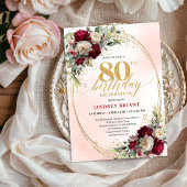 Boho Blush Burgundy Floral 80th Birthday Invite 招待状
