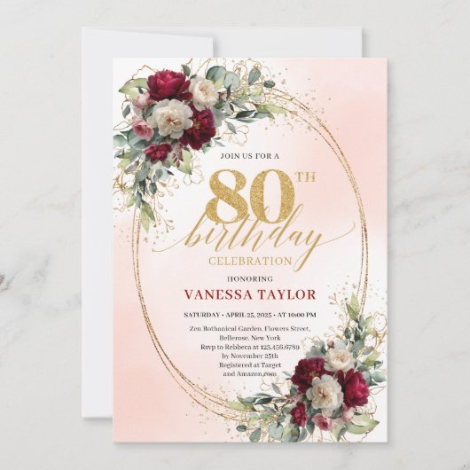 Boho Blush Burgundy Floral 80th Birthday Invite 招待状 (正面)