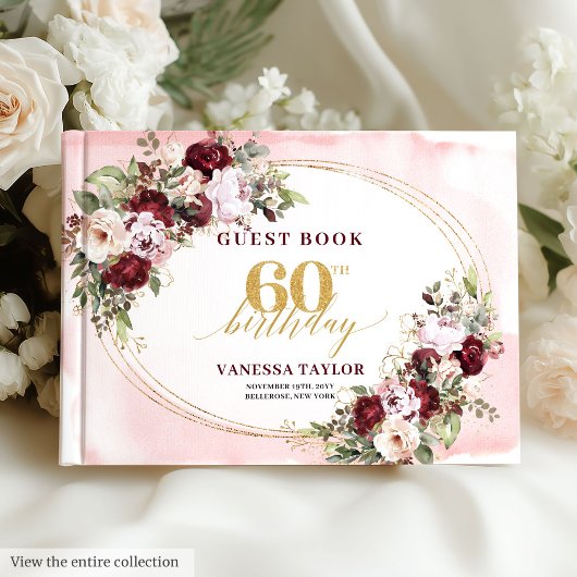 Boho Blush Burgundy Gold Roses 60th Birthday ゲストブック