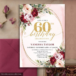 Boho Blush Burgundy Gold Roses 60th Birthday 招待状