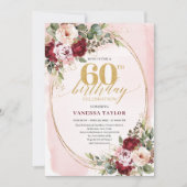 Boho Blush Burgundy Gold Roses 60th Birthday 招待状 (正面)