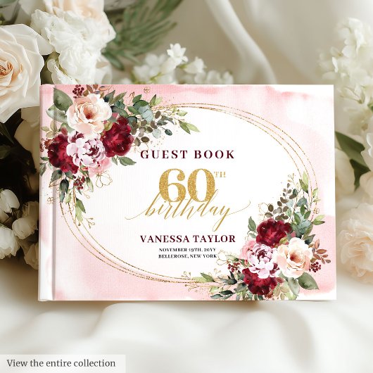 Boho Blush Burgundy Gold Roses 60th Guest Book ゲストブック