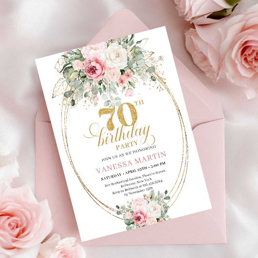 Boho Blush Floral Digital 70th Birthday Invitation 招待状