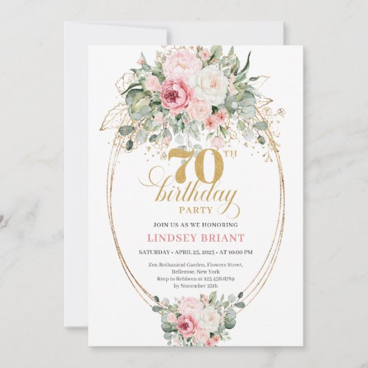 Boho Blush Floral Digital 70th Birthday Invitation 招待状 (正面)