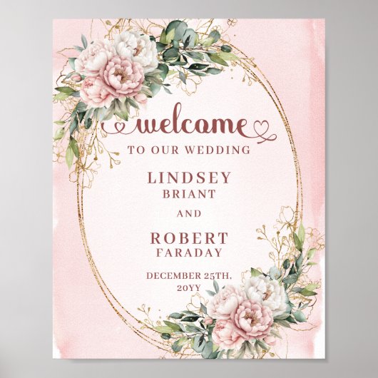 Boho Blush Floral Eucalyptus Gold Wedding Welcome ポスター (正面)