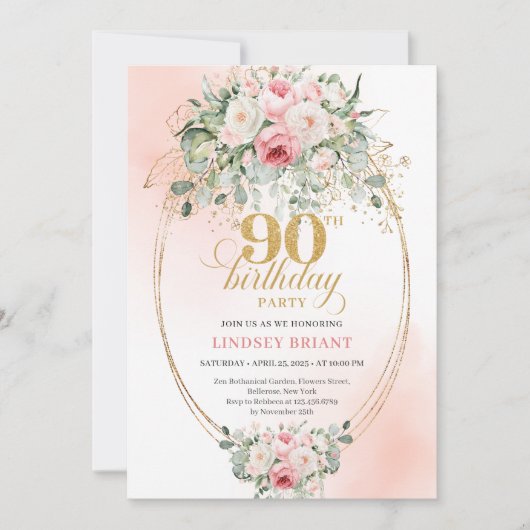 Boho Blush Floral Gold Frame Minimal 90th Birthday 招待状 (正面)