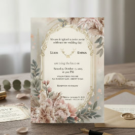 Boho Blush Floral Gold Wedding Invite 招待状