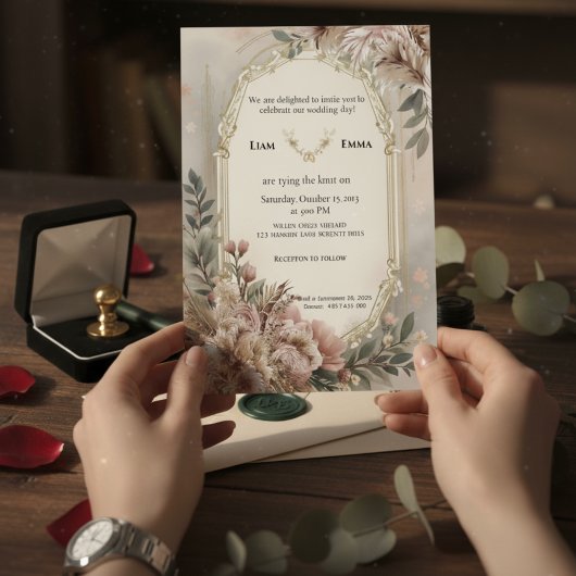 Boho Blush Floral Gold Wedding Invite 招待状